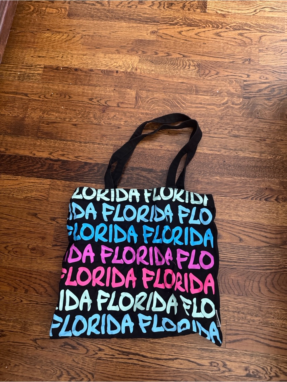 Florida Script Print Tote Bag - Black with Blue & Pink Accents